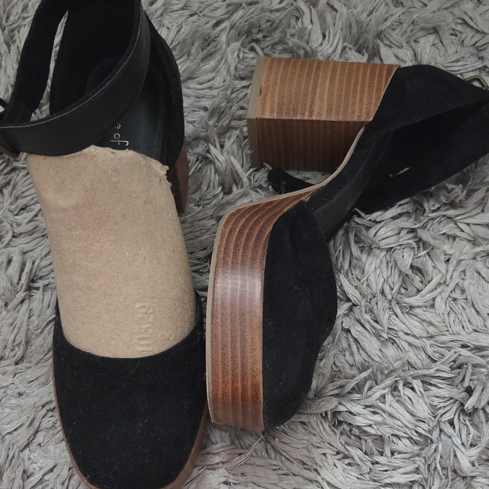 Black Suede Platform Heels with Wood-Effect Block Heel